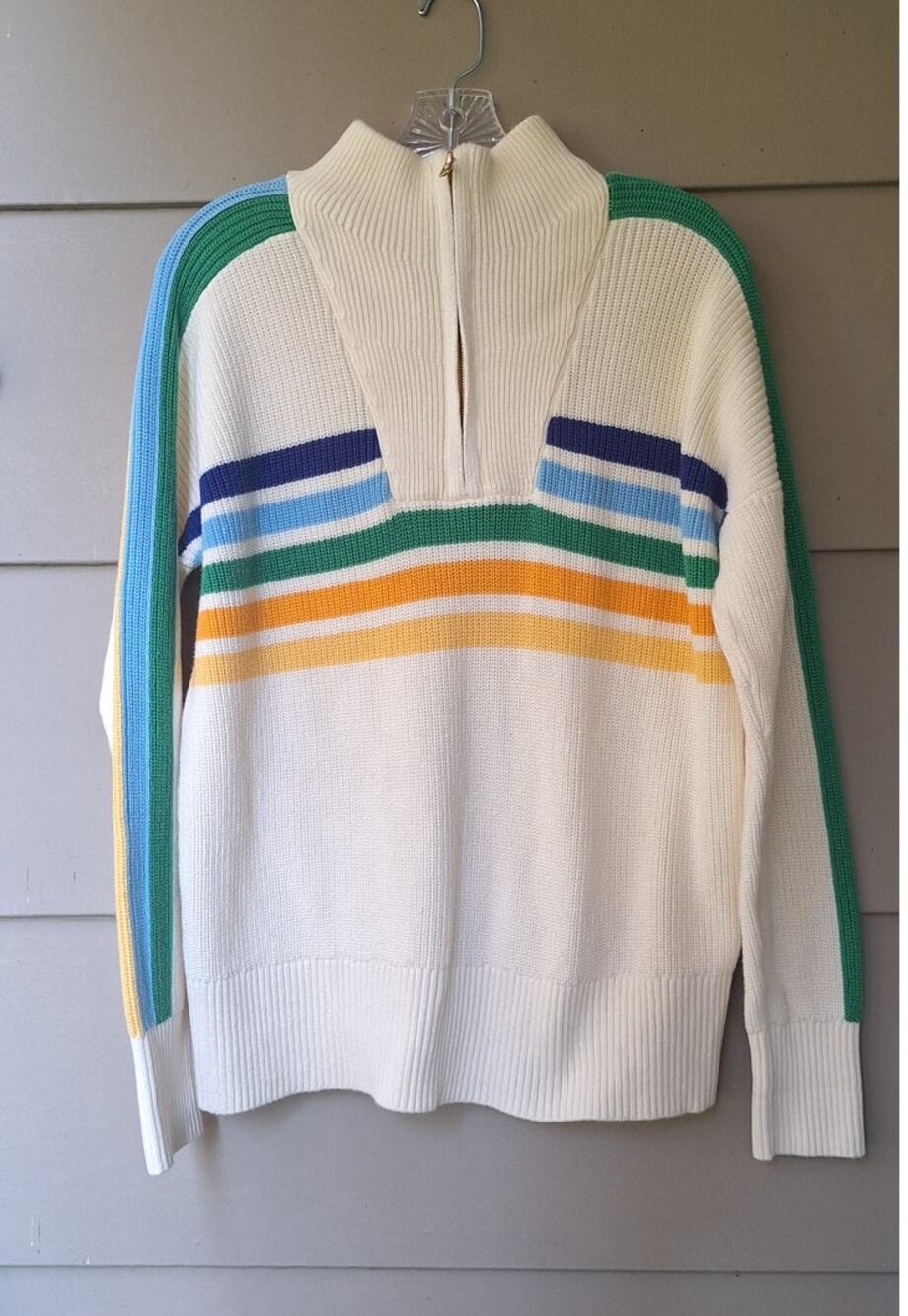 Land's End Women's Drifter 1/4 Zip 100% Cotton Striped Sweater Cream Rainbow M